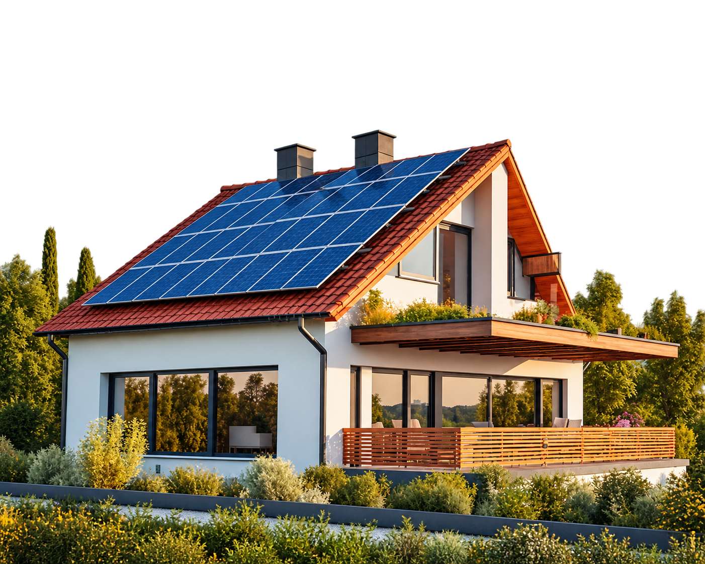 Casa com painéis solares no telhado